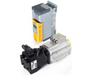 Drehzahlvariables Pumpensystem von Parker mit Axialkolbenpumpe PVplus, PMAC Servomotor (PMAC = Permanent Magnet AC) und Frequenzumrichter AC30