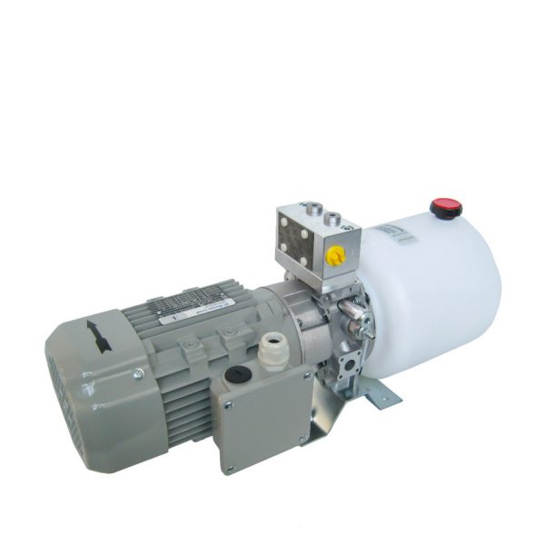 Kompaktaggregat mit Kunststofftank für horizontalen Einbau. Auf dem Zentralflansch können in Abhängigkeit von den geforderten Funktionen modulare Elemente aufgebaut werden. Hydraulikaggregate