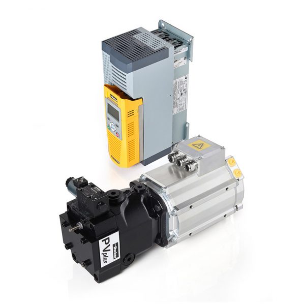 Drehzahlvariables Pumpensystem mit Axialkolbenpumpe, Servomotor und Frequenzumrichter. Solche Systeme zeichnen sich durch eine besonders hohe Energieeffizienz aus. Hydraulikaggregate