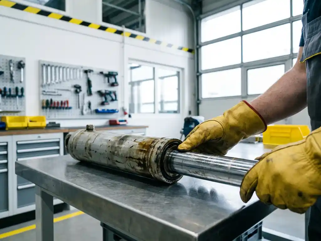 Techniker inspiziert Dichtung und Chromstange eines Hydraulikzylinders auf einer Werkbank in einer modernen deutschen Industriewerkstatt.