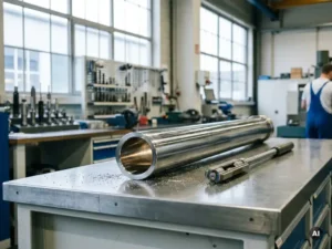 Gehonter Hydraulikzylinder auf Stahlwerkbank in deutscher Industriewerkstatt, glänzende Bohrung und Honwerkzeug im Vordergrund.