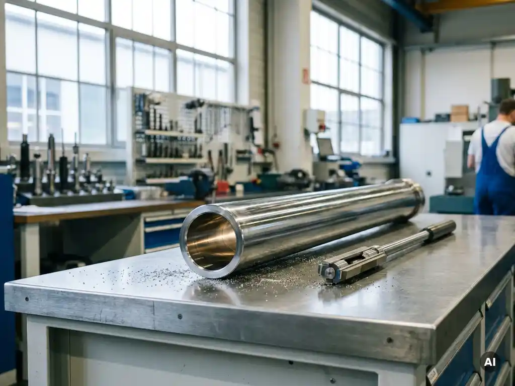 Gehonter Hydraulikzylinder auf Stahlwerkbank in deutscher Industriewerkstatt, glänzende Bohrung und Honwerkzeug im Vordergrund.