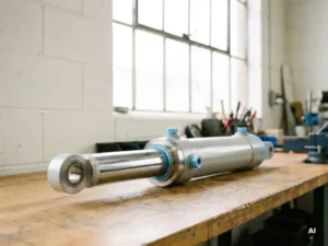 Hydraulikzylinder mit glänzender Chromkolbenstange auf einer Werkbank, beleuchtet von natürlichem Tageslicht.