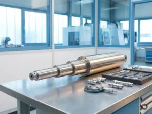 Mehrstufiger Teleskop-Hydraulikzylinder auf Stahlwerkbank mit Präzisionswerkzeug in moderner deutscher Industriewerkstatt.